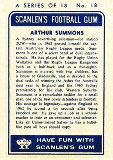 1963 Scanlens NRL #18 Arthur Summons Back
